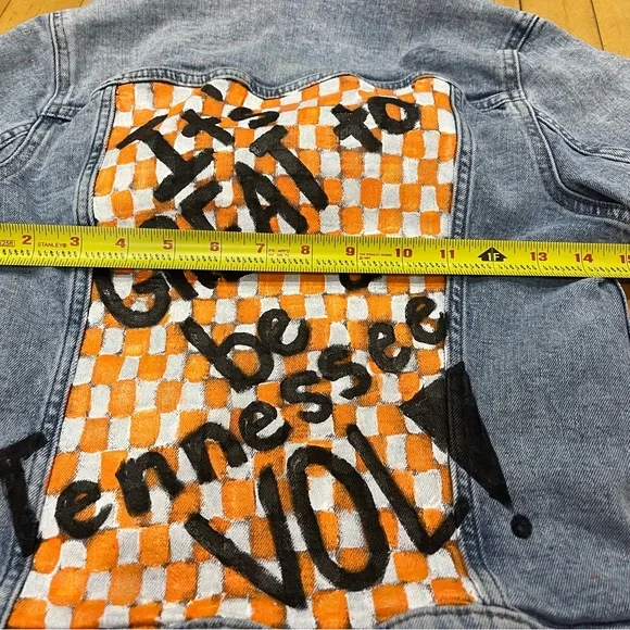 🧡Kids Denim Hand-painted TN Vols Jacket with Orange and White Checkerboard - Picture 8 of 10